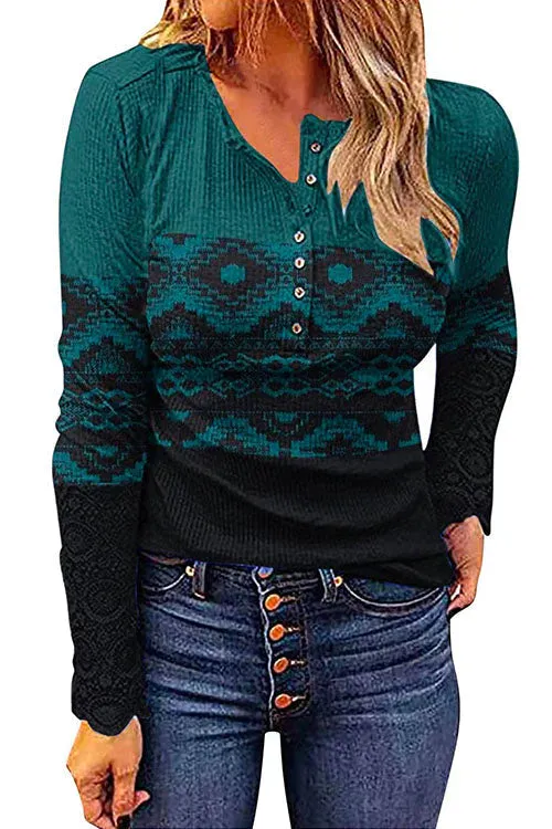 Stunncal V Neck Buttons Printed Bottoming Shirt