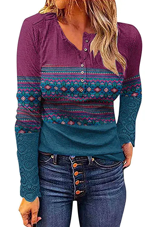 Stunncal V Neck Buttons Printed Bottoming Shirt