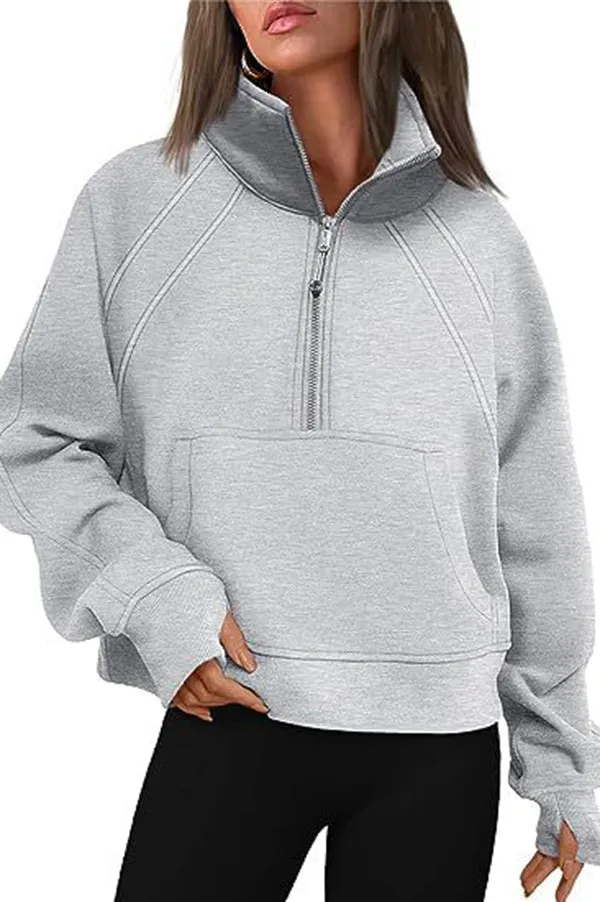 Stylish Patchwork Stand Collar Zippered Loose Pocket Sweatshirt
