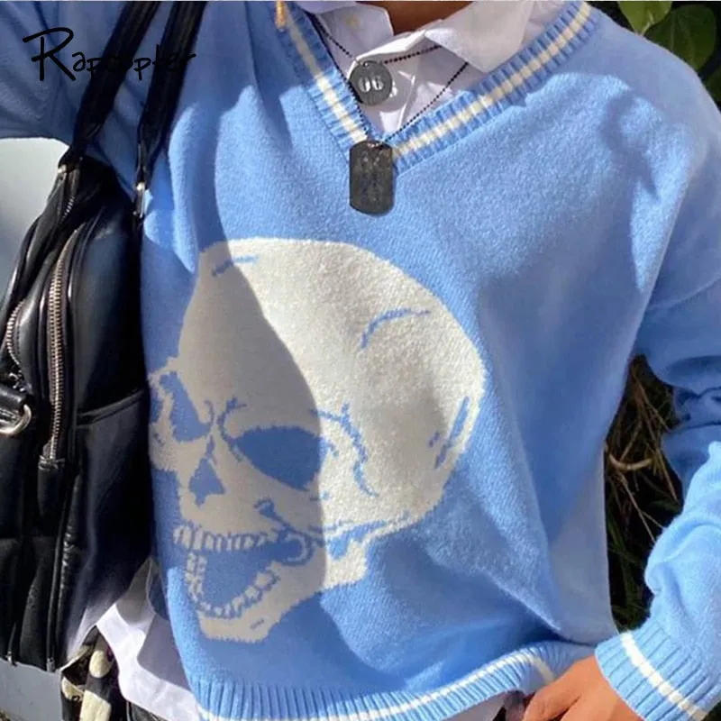 Sweaters Skulls Pullovers V Neck Knitwear Loose Casual Knitted Tops