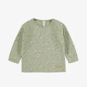 T-shirt vert pâle avec fleurs roses à manches longues en coton biologique, naissance || Long-sleeved light green t-shirt with pink flowers in organic cotton, newborn