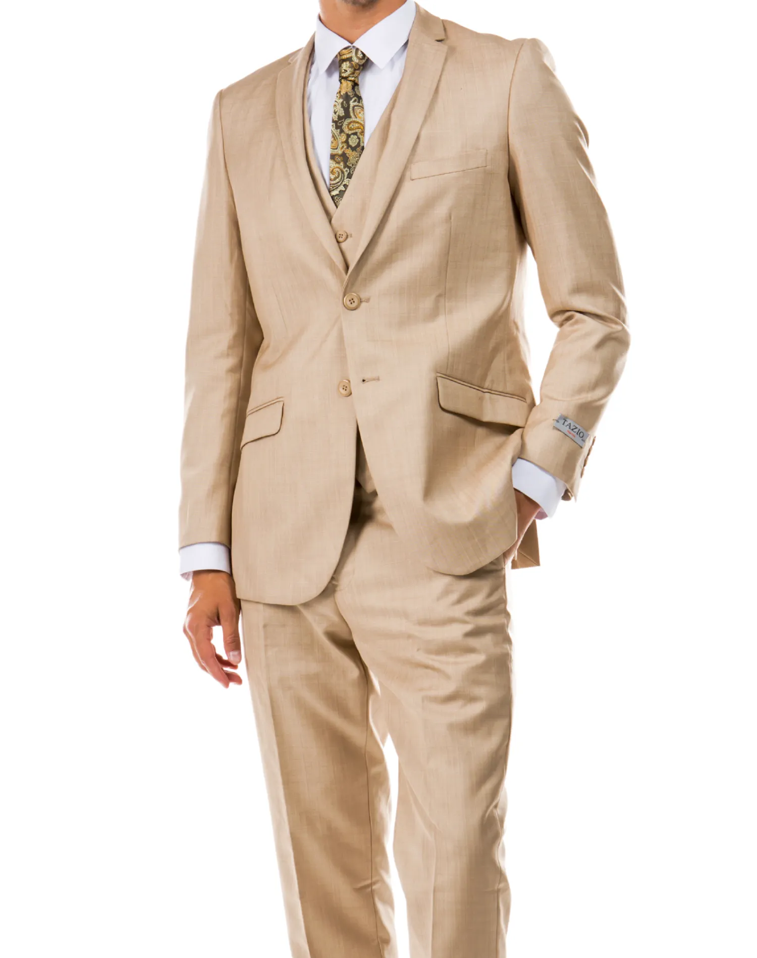 Tazzio Solid Textured Slim Fit Vested Suit - Dark Tan