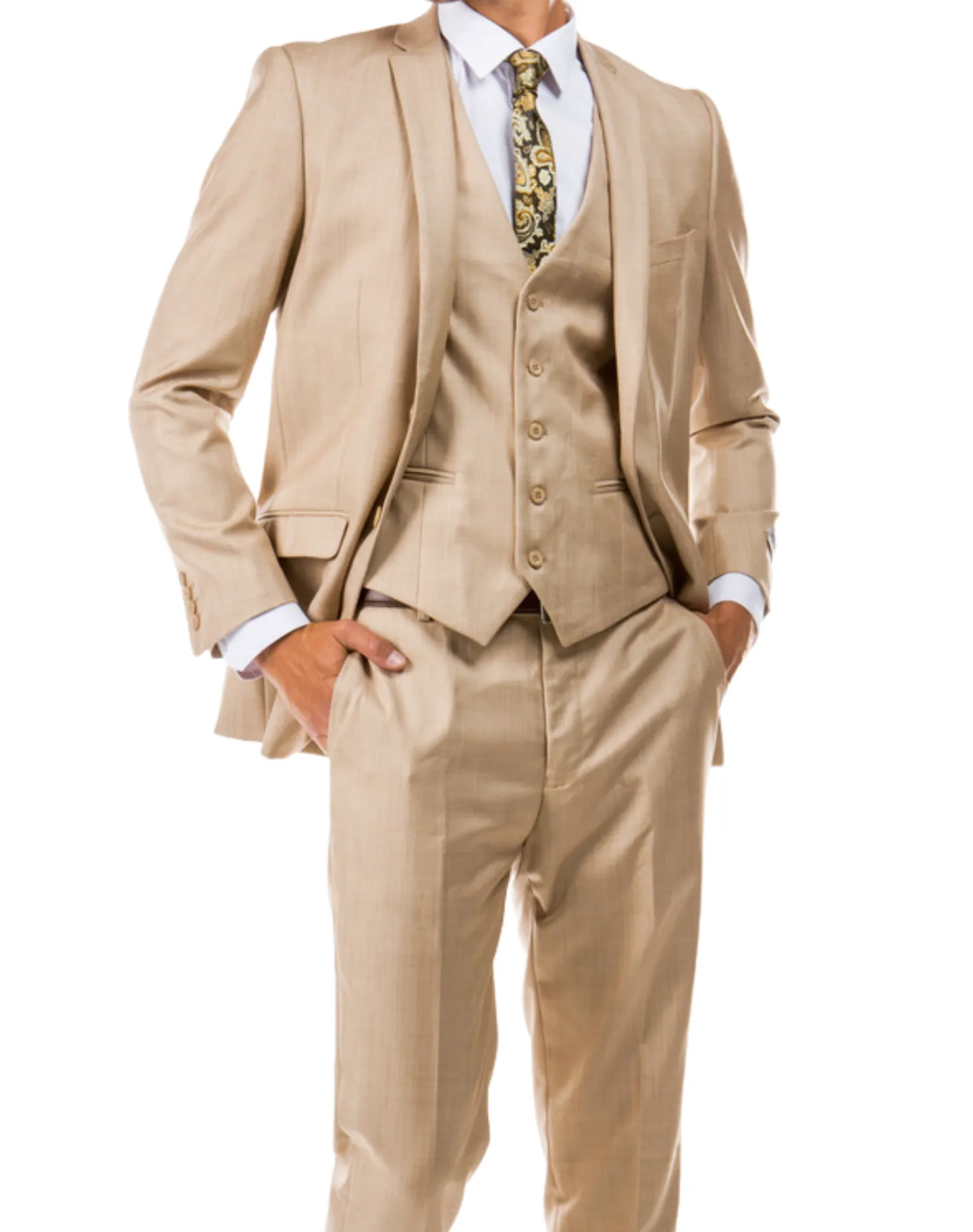 Tazzio Solid Textured Slim Fit Vested Suit - Dark Tan