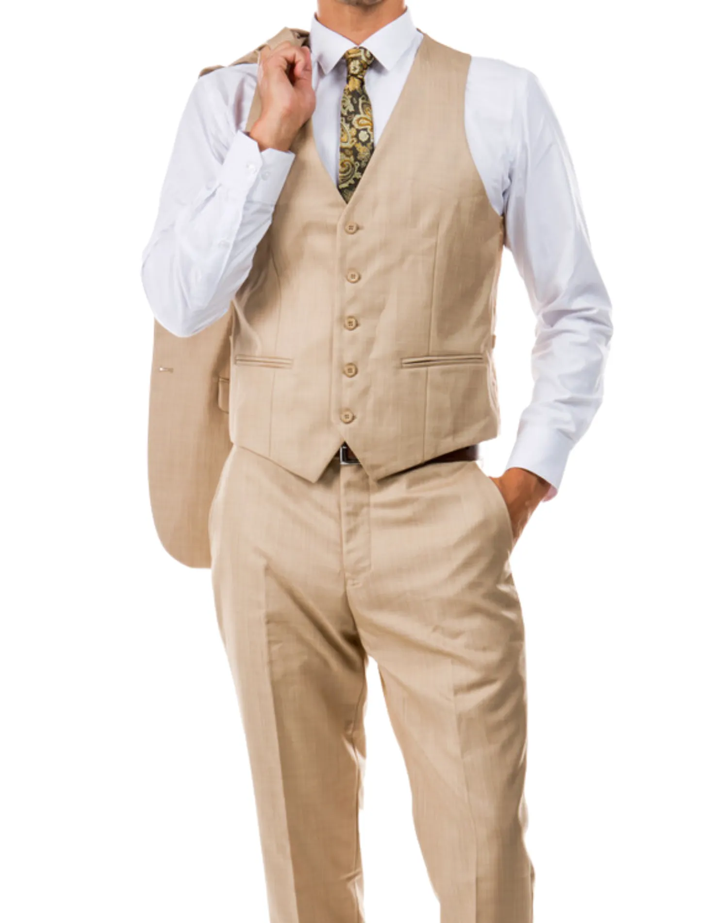 Tazzio Solid Textured Slim Fit Vested Suit - Dark Tan