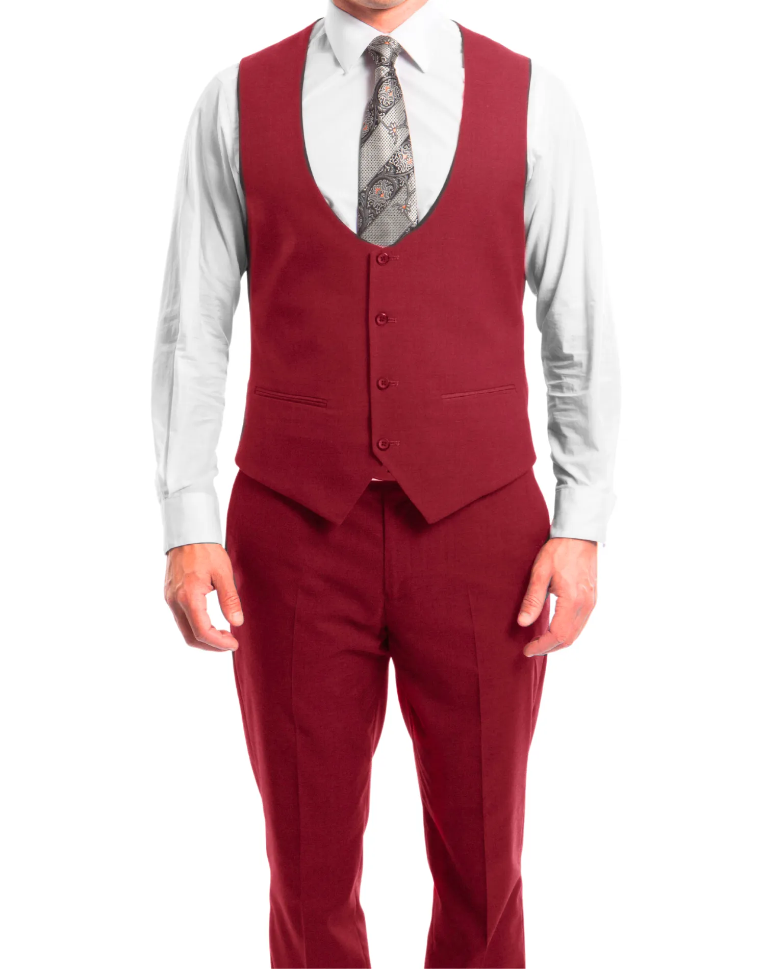Tazzio Solid Ultra Slim Fit Vested Suit - Cherry Red