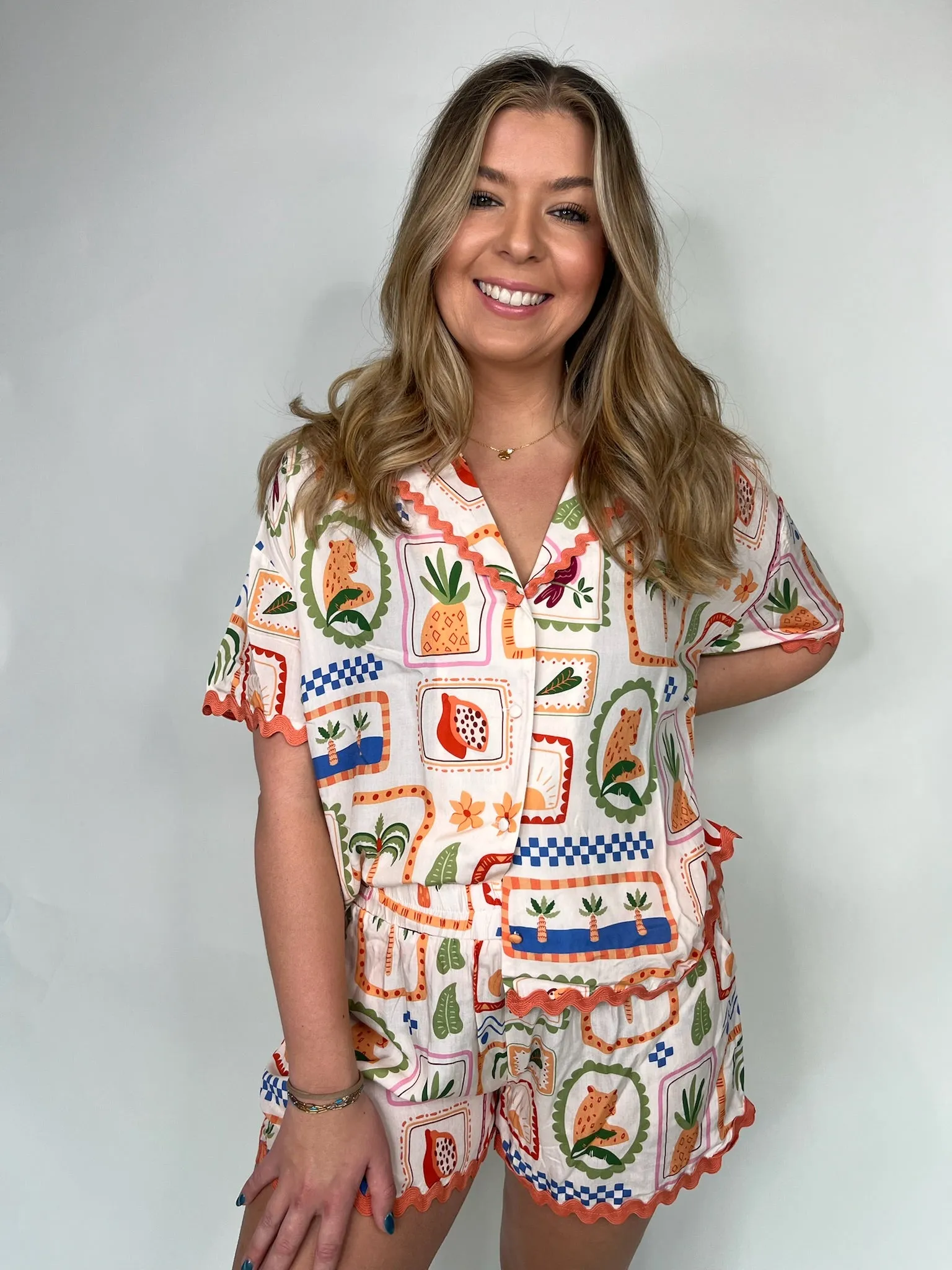 Umgee Abstract V-Neck Button Down Top