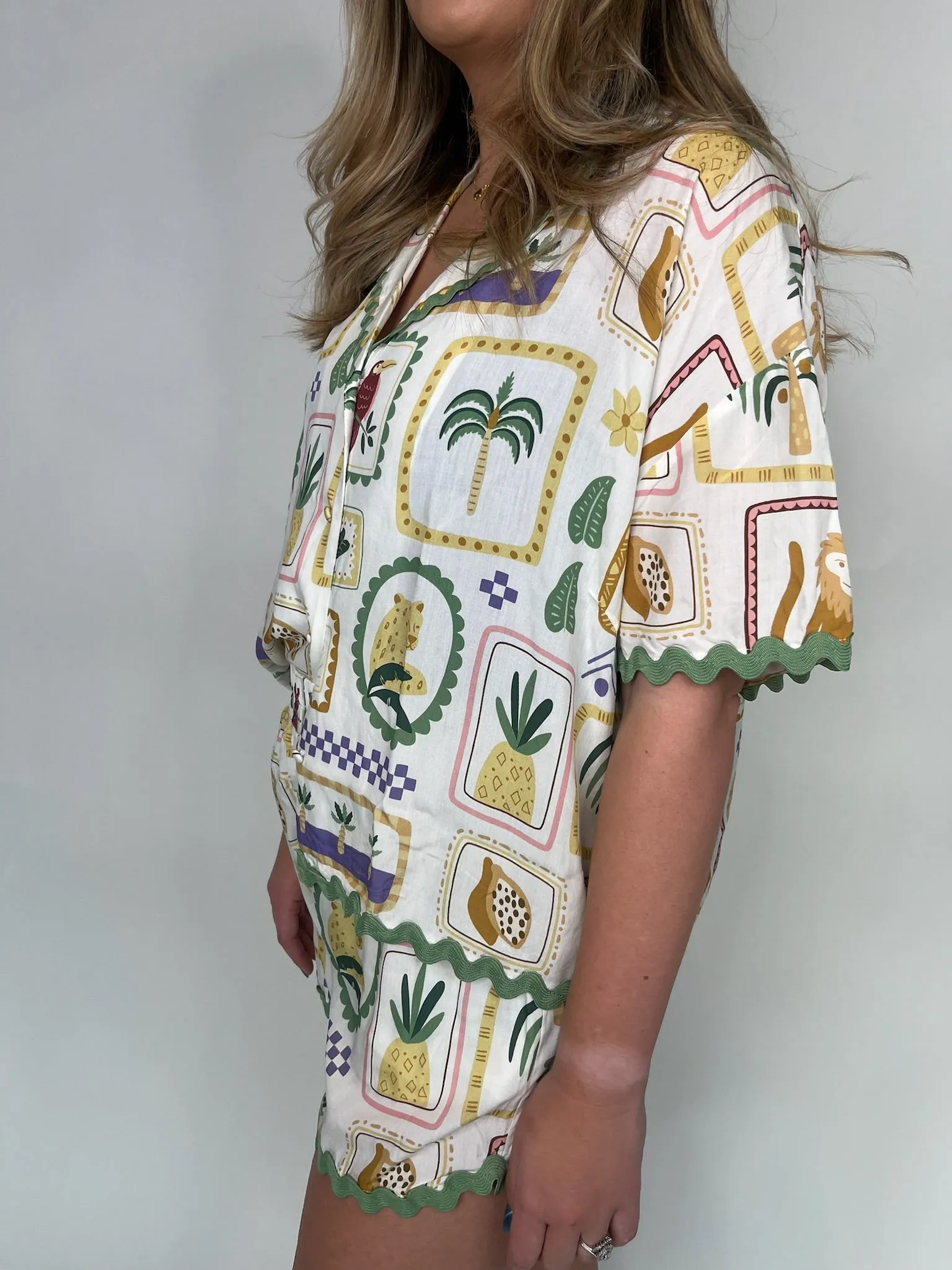 Umgee Abstract V-Neck Button Down Top
