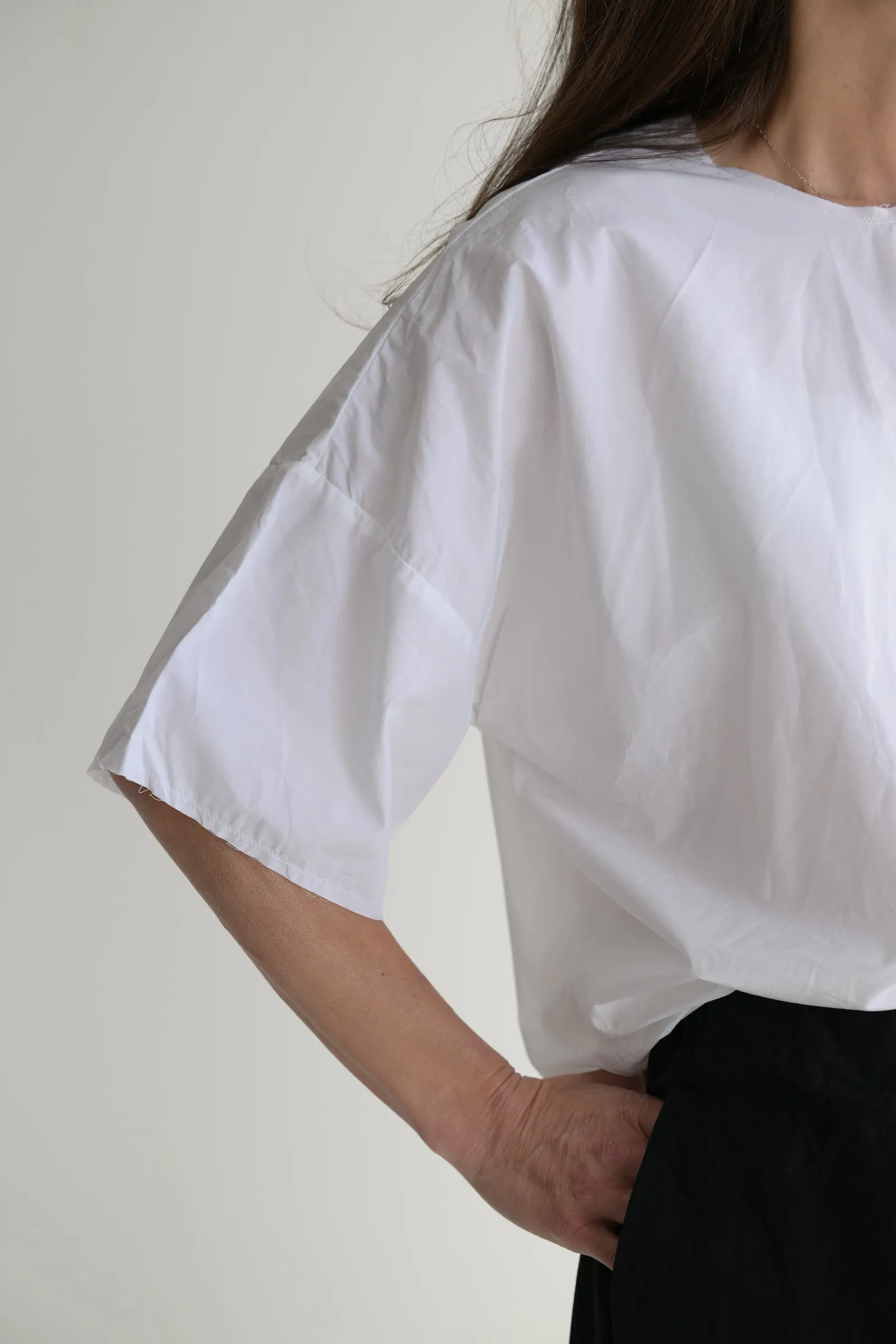V Back Short Sleeve Volume Top in White