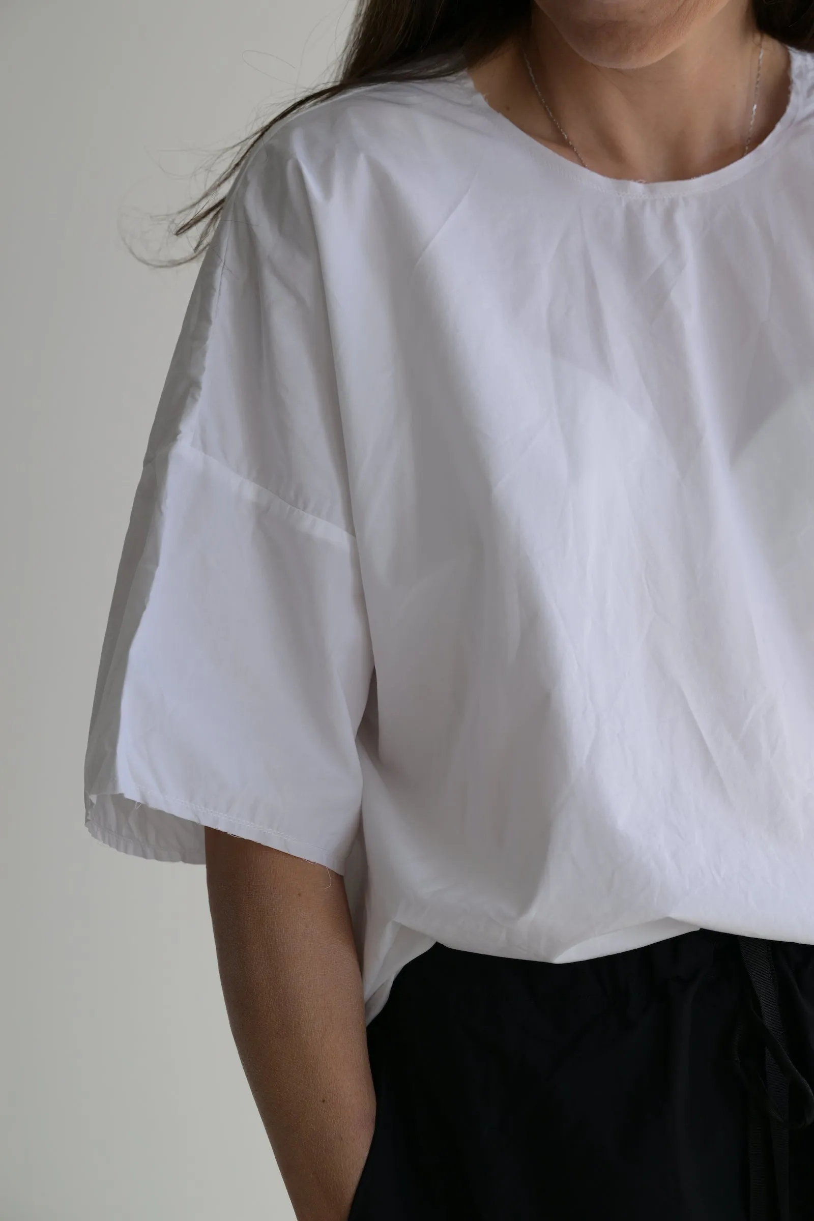 V Back Short Sleeve Volume Top in White