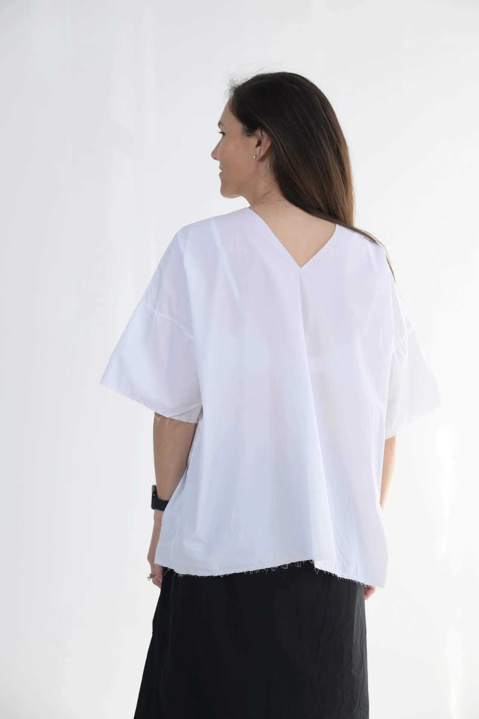 V Back Short Sleeve Volume Top in White