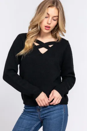 V-neck Black Sweater Long Sleeve X Strap