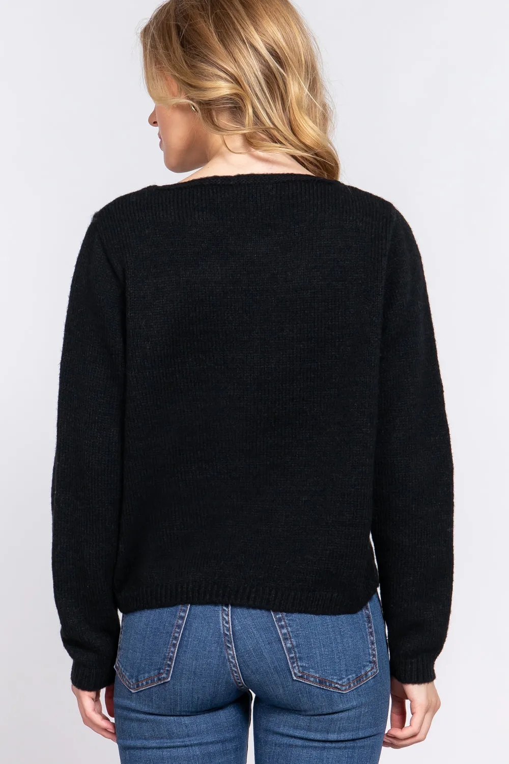 V-neck Black Sweater Long Sleeve X Strap
