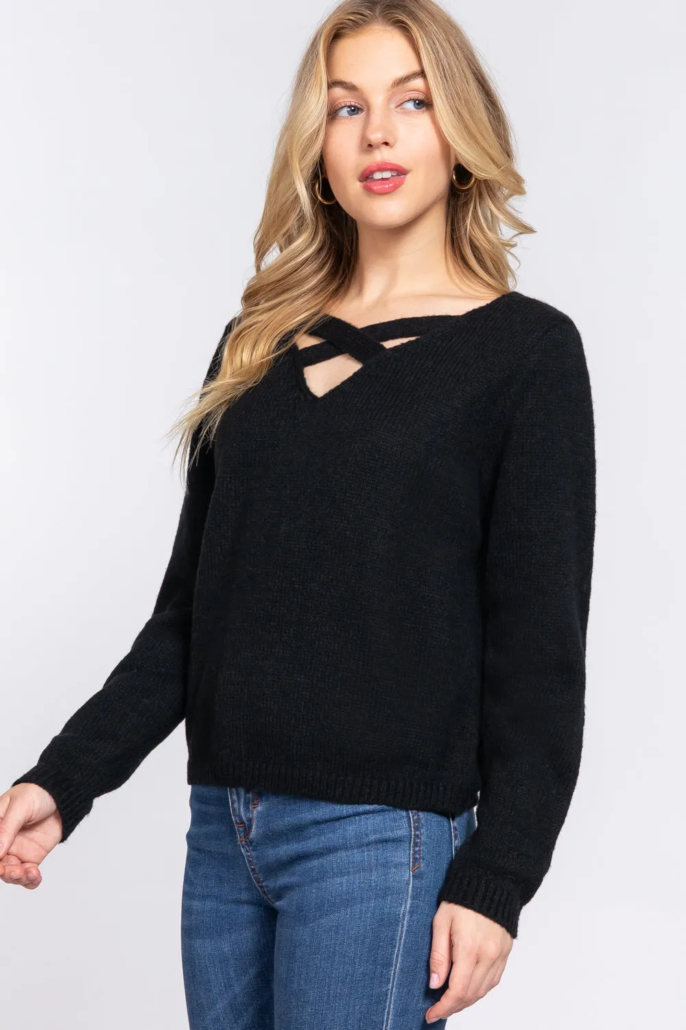 V-neck Black Sweater Long Sleeve X Strap