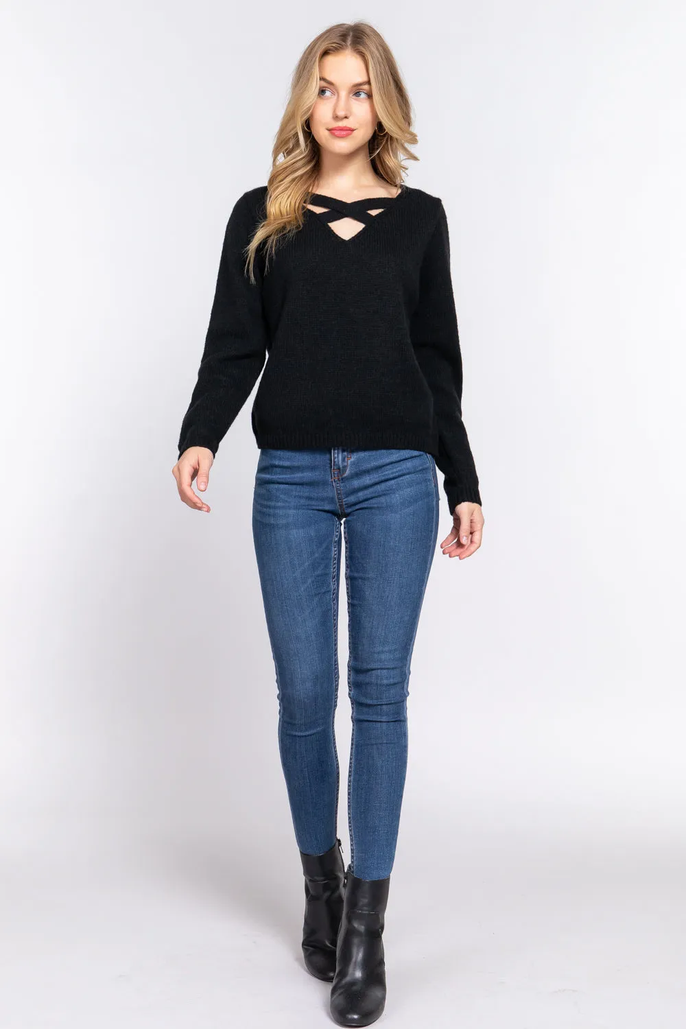 V-neck Black Sweater Long Sleeve X Strap