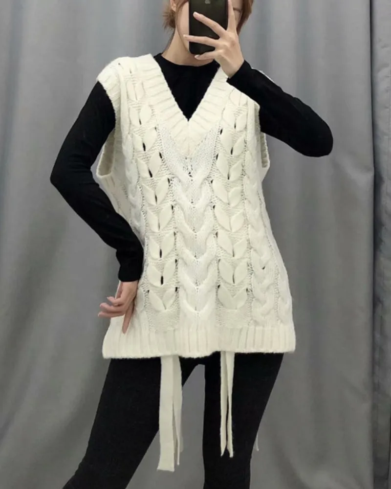 V-neck Knit Lacing Hollow-out Sweaters
