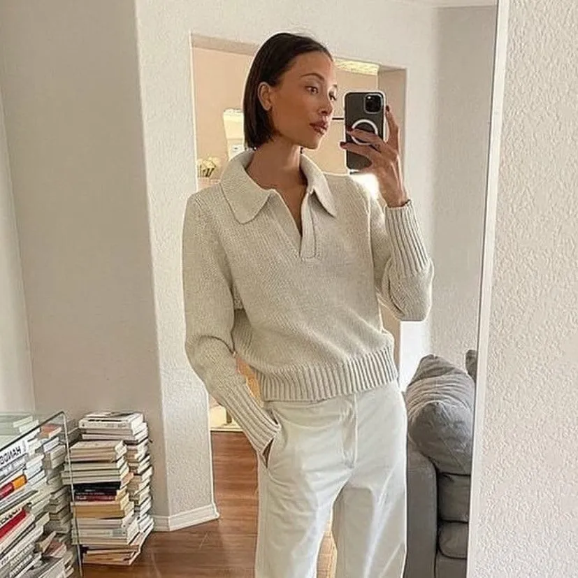 V-neck Knit Pile Collar Polo Sweaters Top