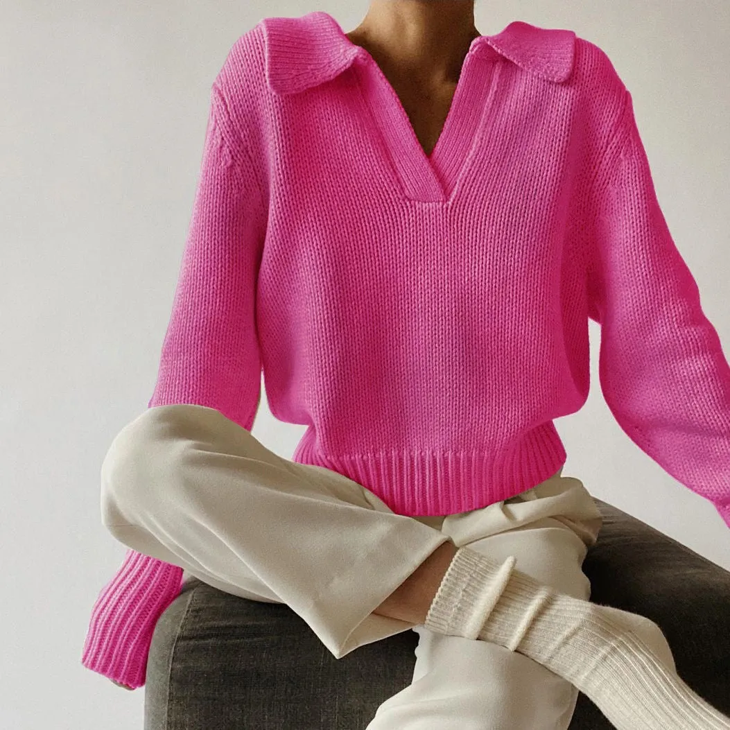 V-neck Knit Pile Collar Polo Sweaters Top