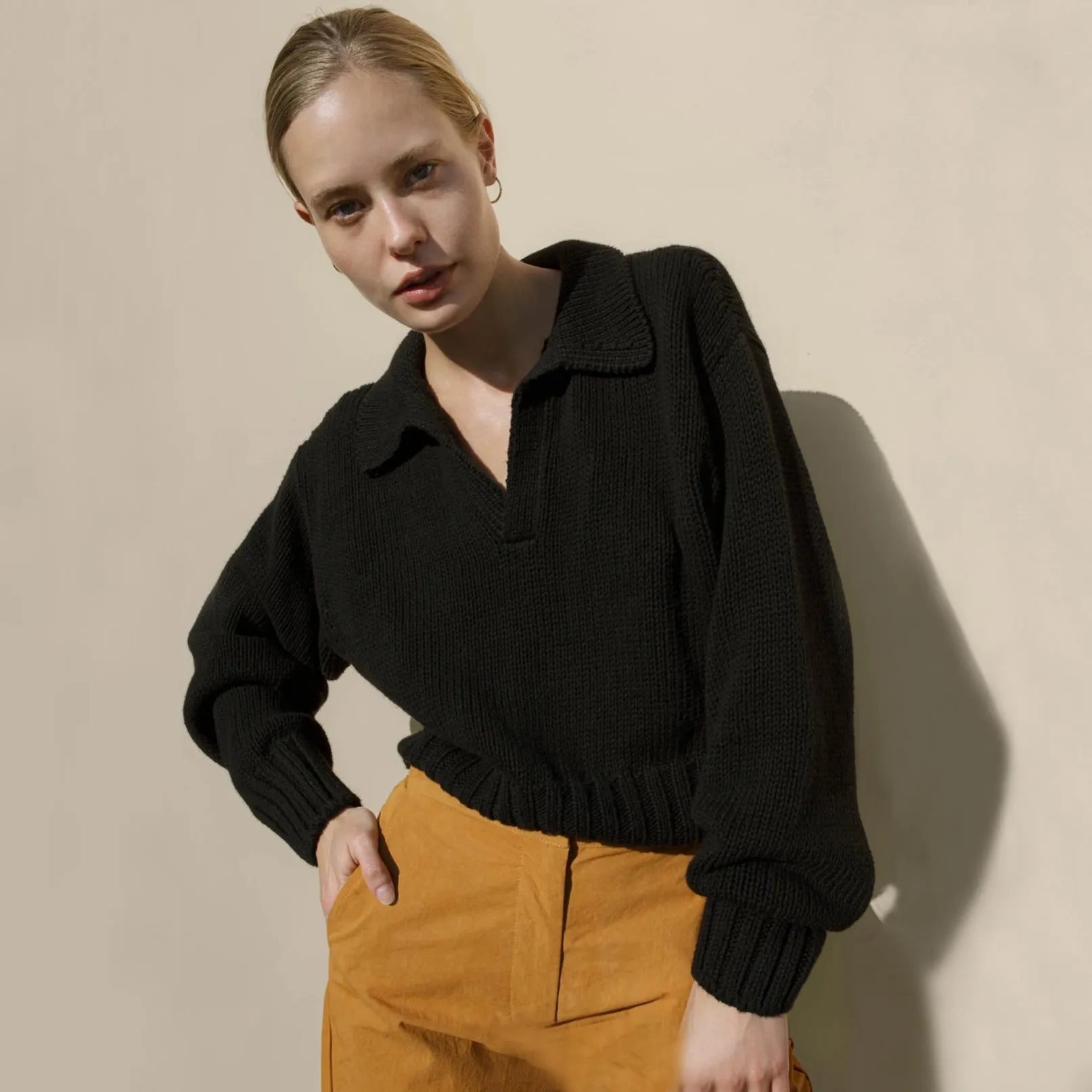 V-neck Knit Pile Collar Polo Sweaters Top