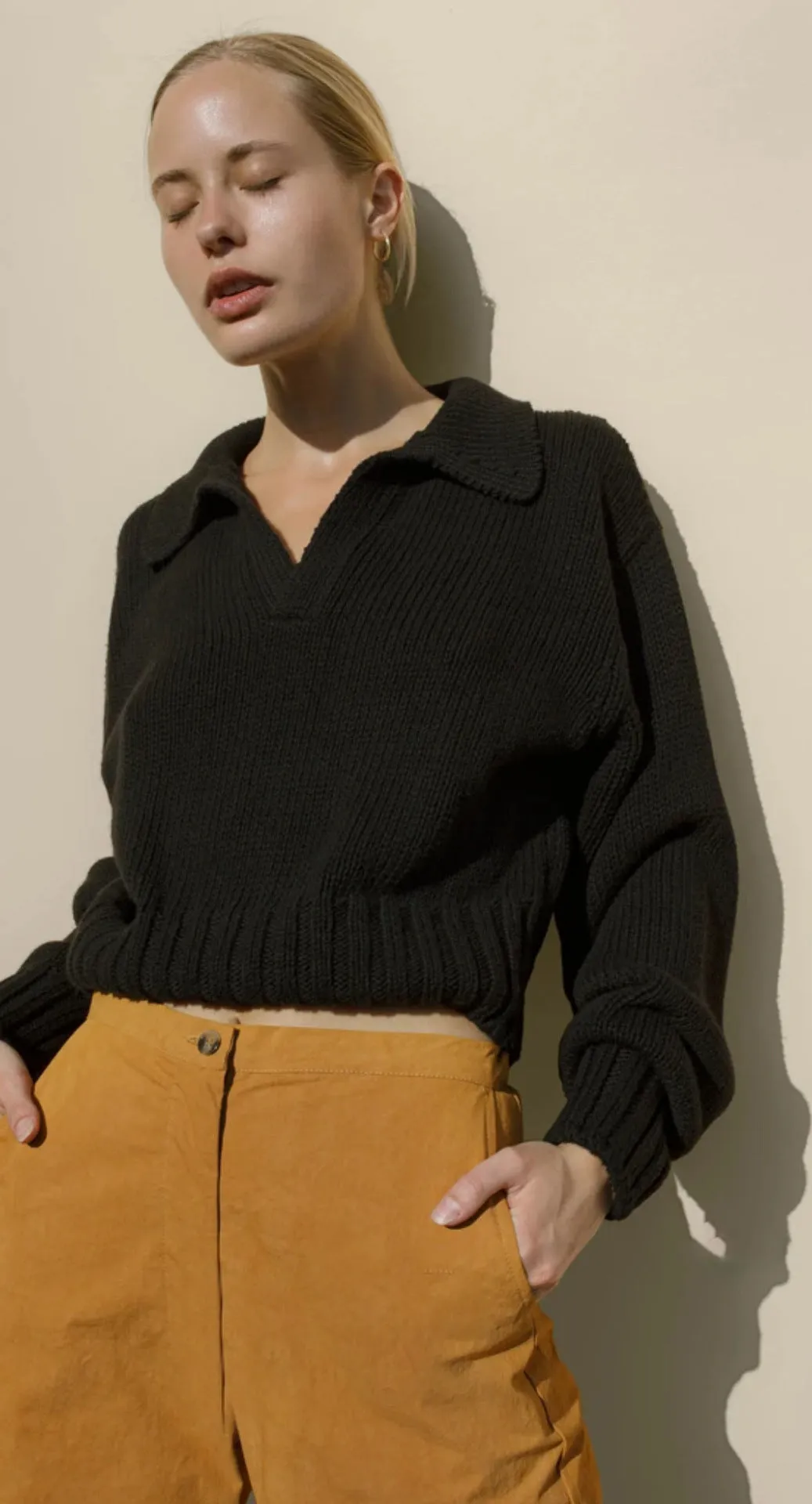 V-neck Knit Pile Collar Polo Sweaters Top