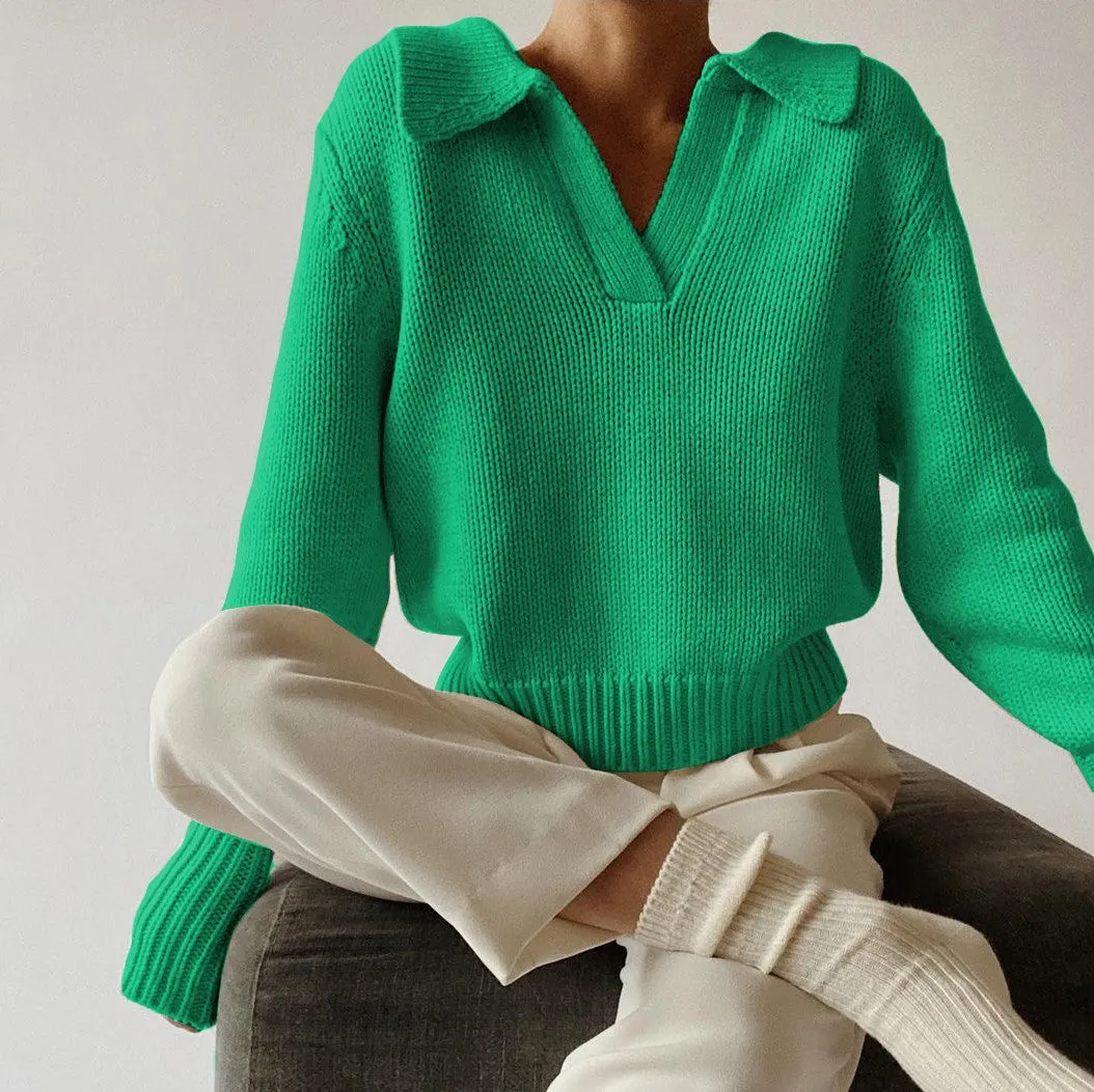 V-neck Knit Pile Collar Polo Sweaters Top