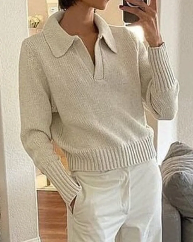V-neck Knit Pile Collar Polo Sweaters Top