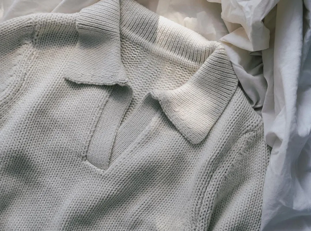 V-neck Knit Pile Collar Polo Sweaters Top