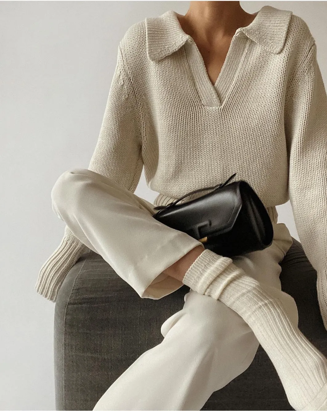 V-neck Knit Pile Collar Polo Sweaters Top