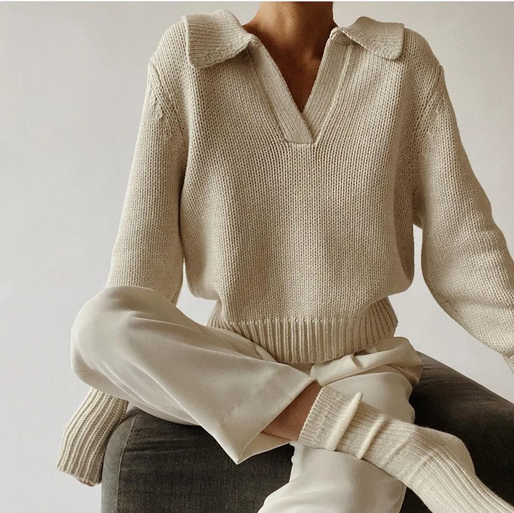 V-neck Knit Pile Collar Polo Sweaters Top