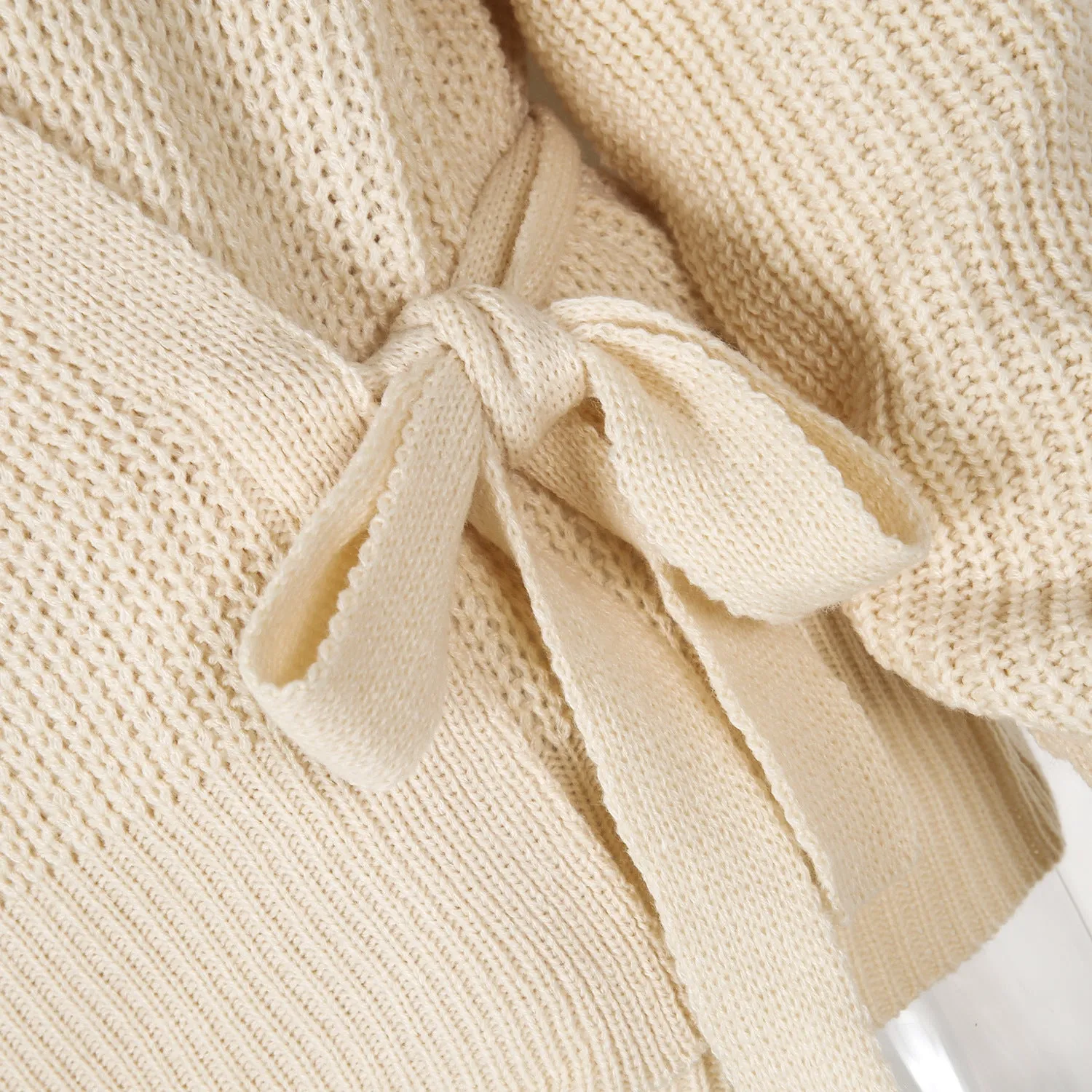 V-neck Lace-up Knit Apricot Lantern Sleeve Sweaters