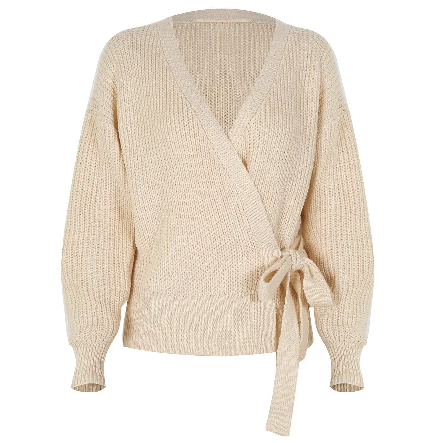 V-neck Lace-up Knit Apricot Lantern Sleeve Sweaters