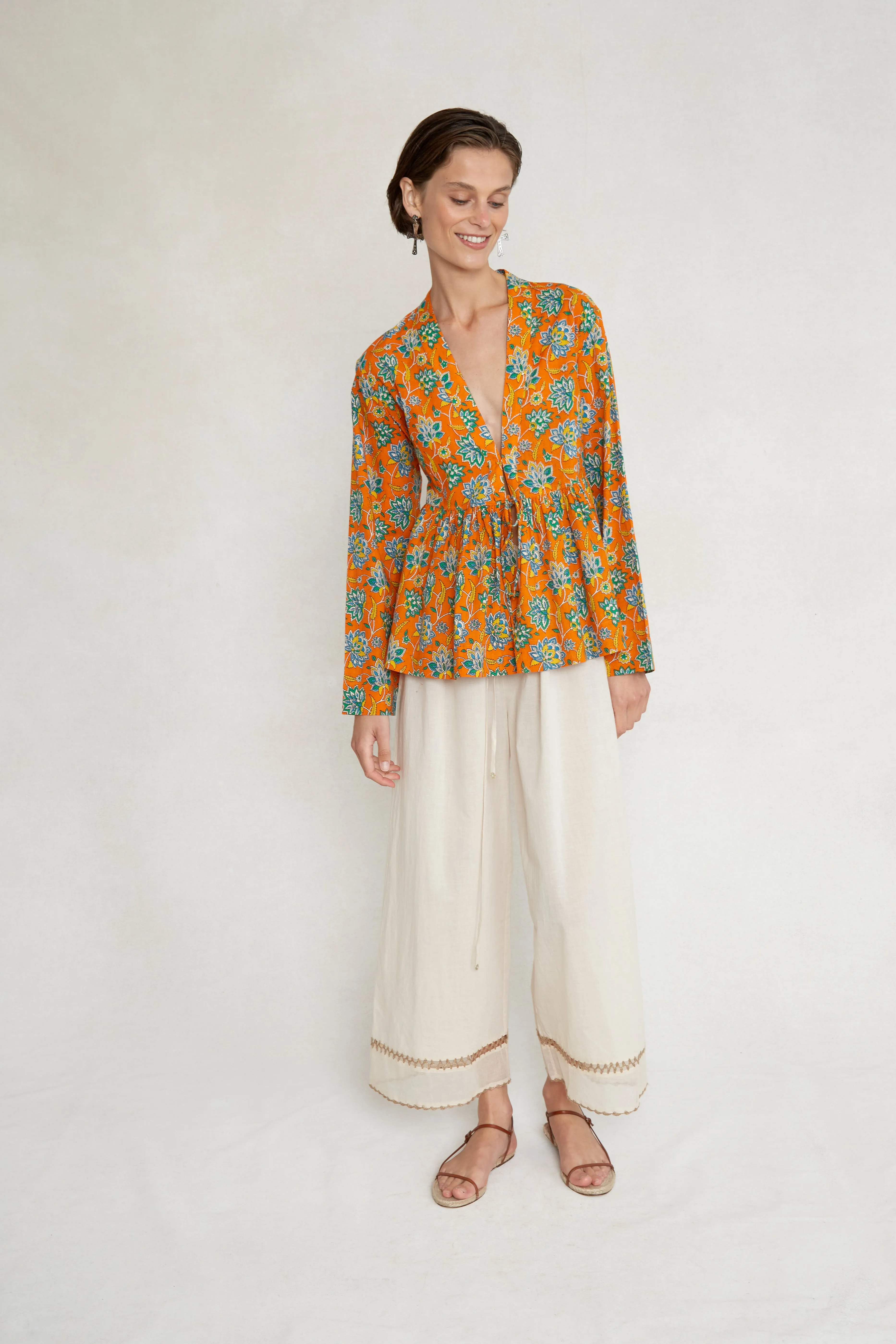 V-Neck Ruffle Top in Tangelo