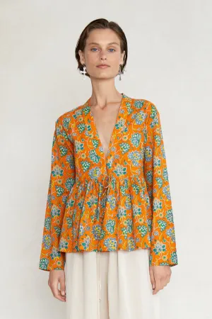 V-Neck Ruffle Top in Tangelo