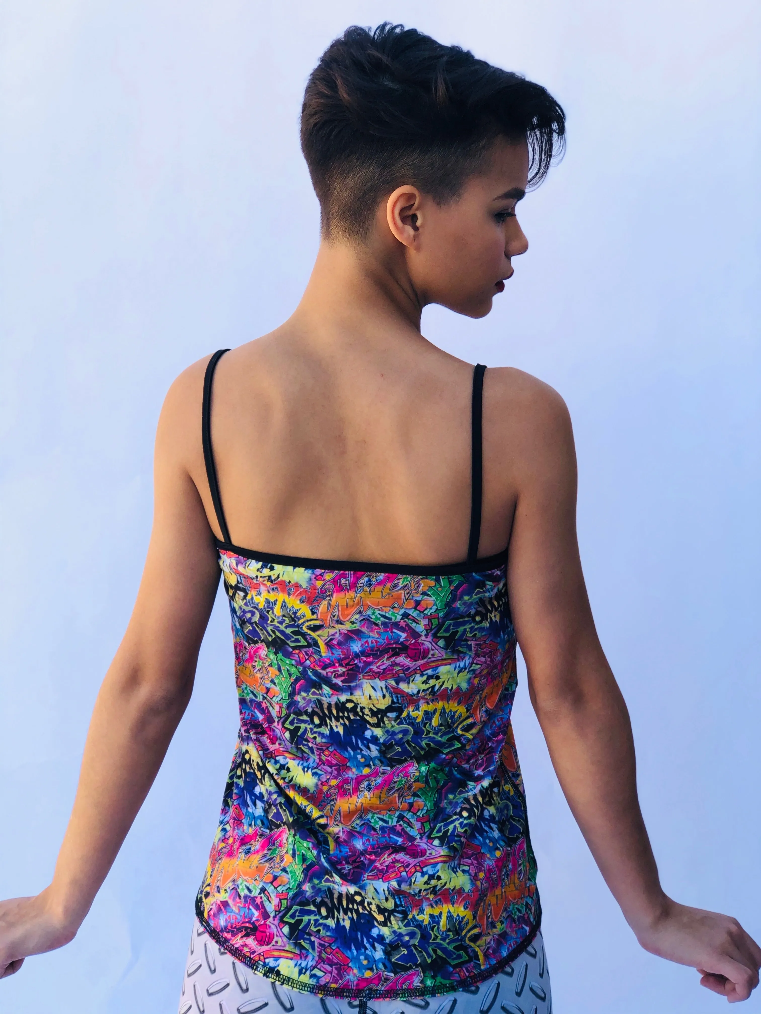 V NECK SPAGHETTI STRAP TOP GRAFFITI/BUNS OF STEEL