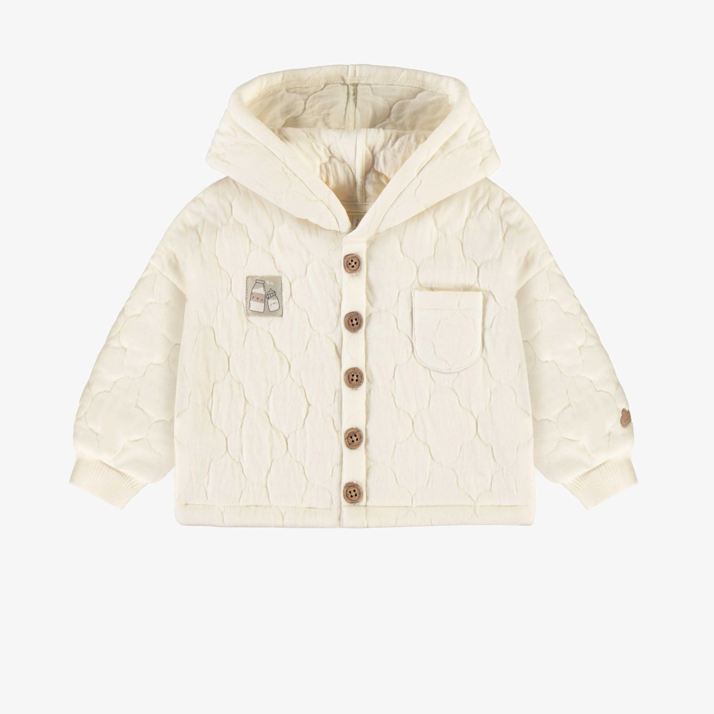 Veste à capuchon unisexe crème en coton matelassé, naissance || Unisex cream quilted jersey hooded vest, newborn