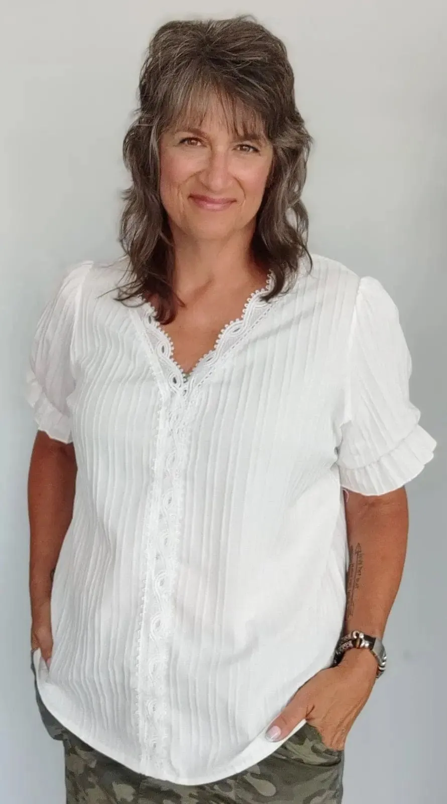 White V Neck Short Sleeve Top