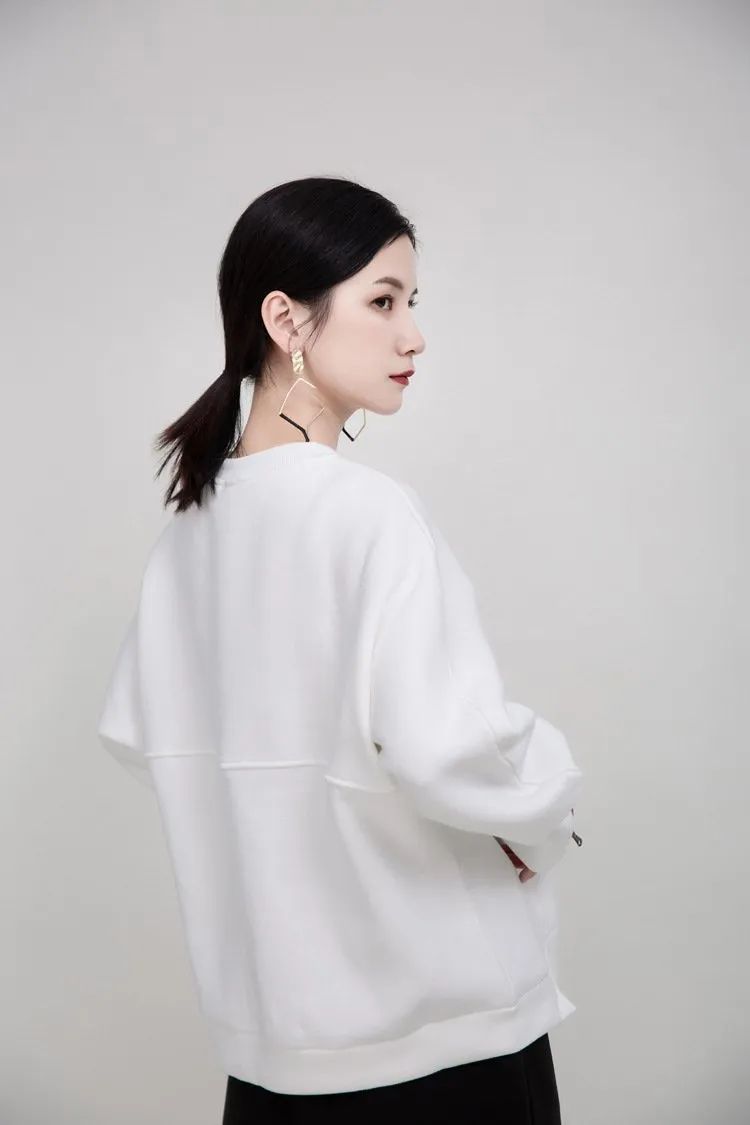 Women Round Neck Zipper Loose Hoodies Sweaters