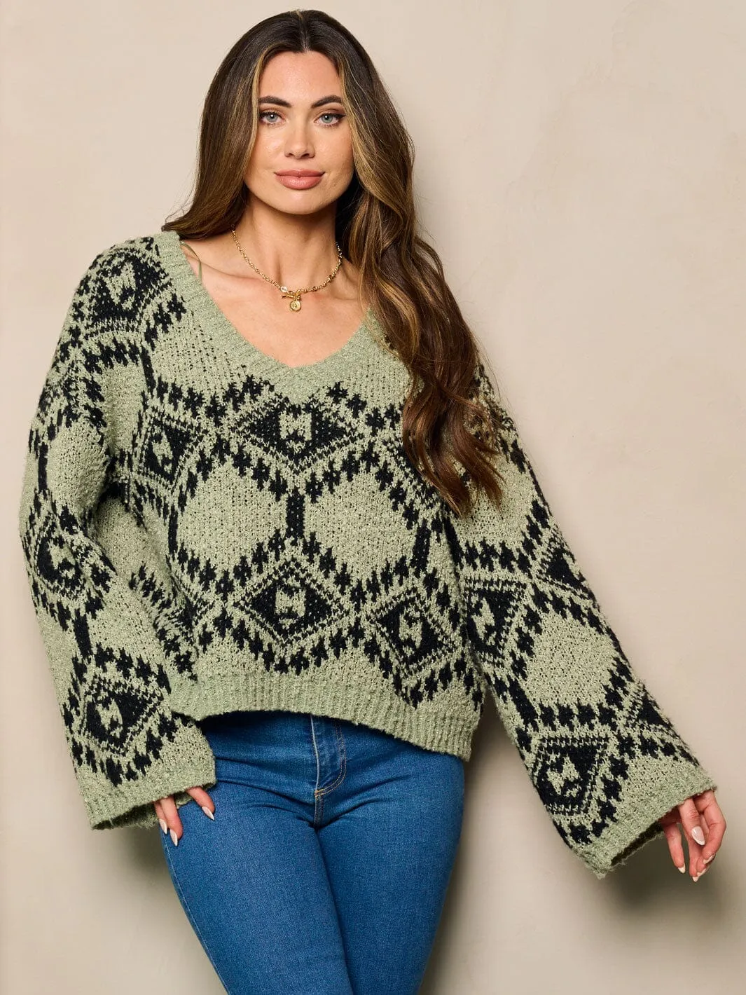 WOMEN'S LONG BELL SLEEVE V-NECK OVERSIZED PRINTED SWEATER