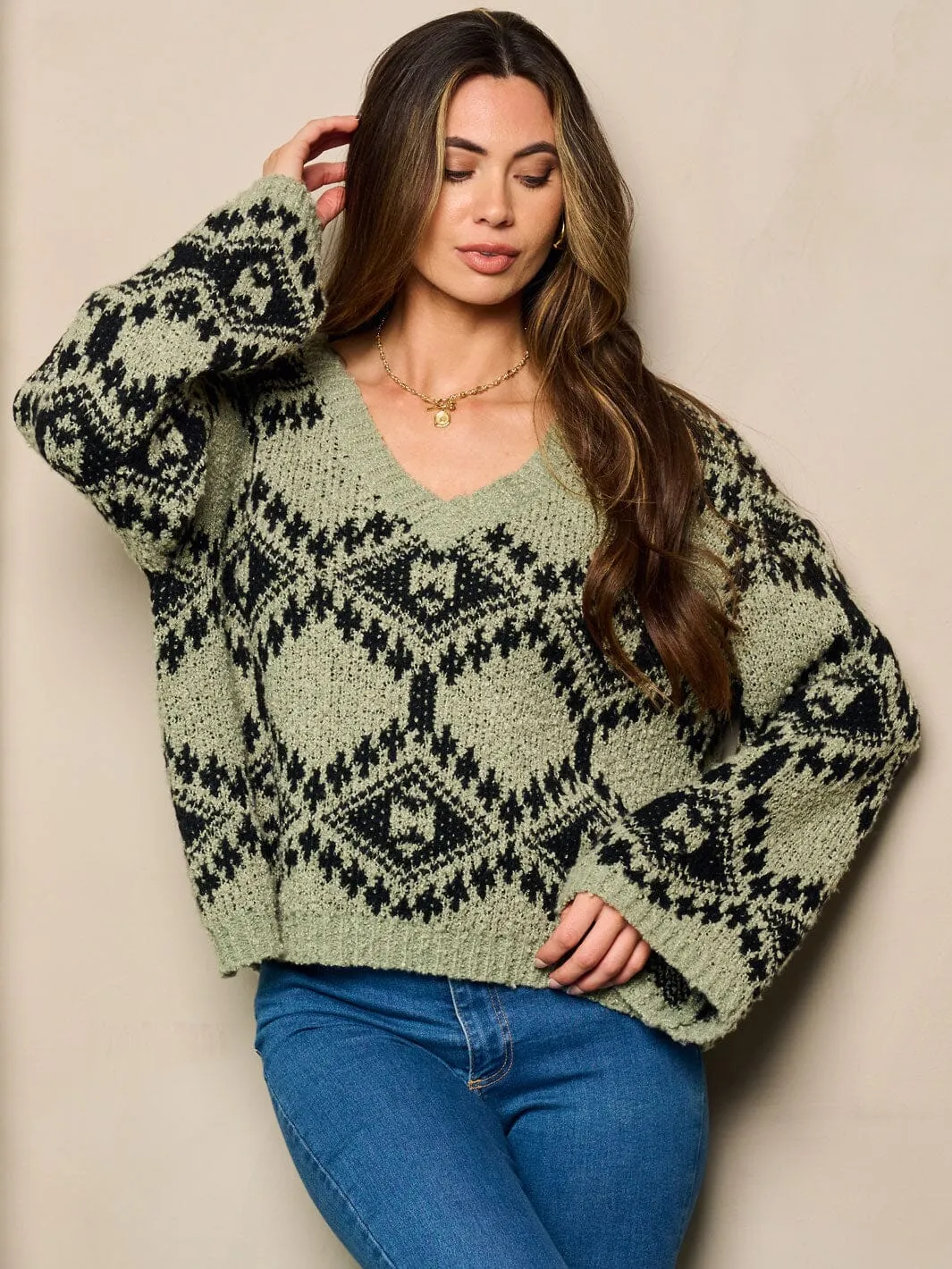 WOMEN'S LONG BELL SLEEVE V-NECK OVERSIZED PRINTED SWEATER