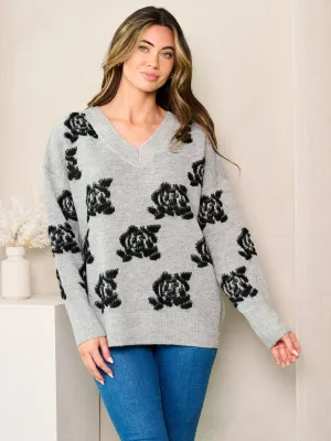 WOMEN'S LONG BUTTON SLEEVE FLORAL PRINT DETAILED SWEATER
