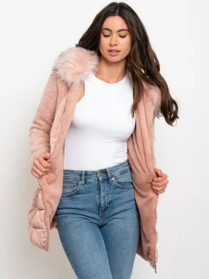 WOMEN'S LONG HOODED FAUX FUR-LINED QUILTED COAT