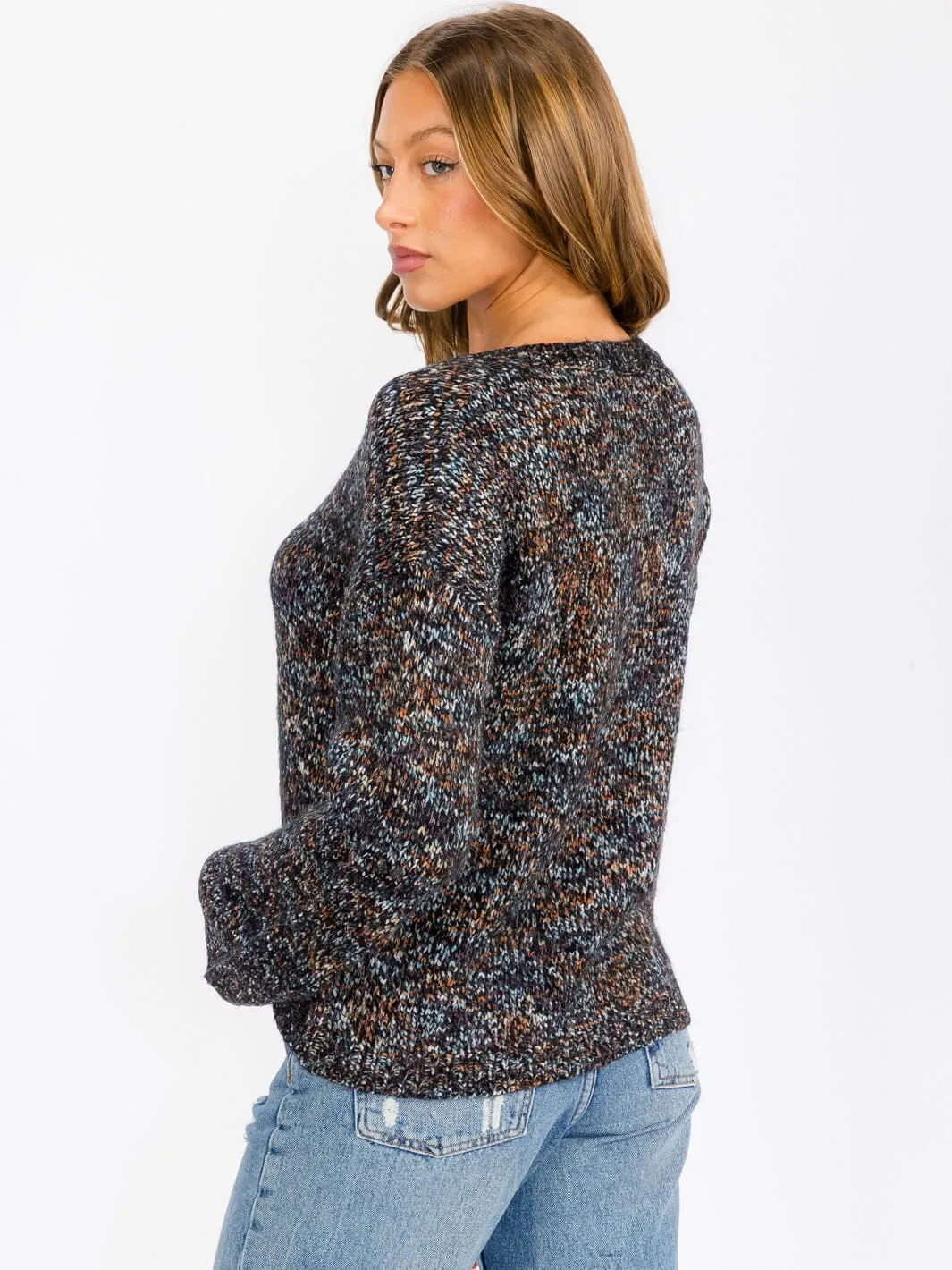 WOMEN'S LONG PUFF SLEEVE MULTI COLOR PULLOVER SWEATER