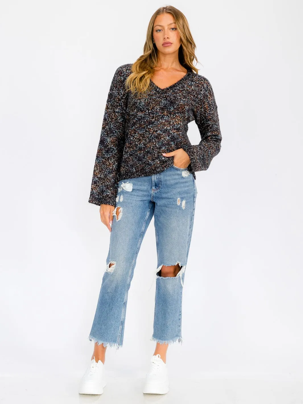 WOMEN'S LONG PUFF SLEEVE MULTI COLOR PULLOVER SWEATER