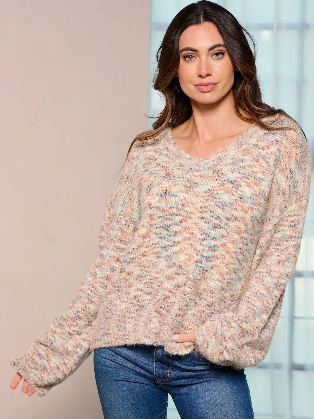 WOMEN'S LONG PUFF SLEEVE MULTI COLOR PULLOVER SWEATER