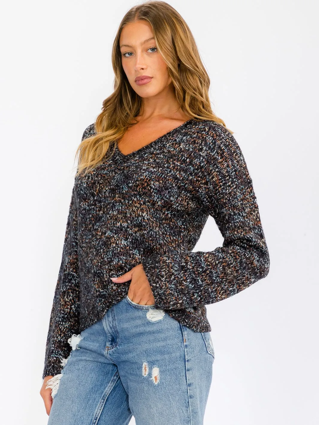 WOMEN'S LONG PUFF SLEEVE MULTI COLOR PULLOVER SWEATER