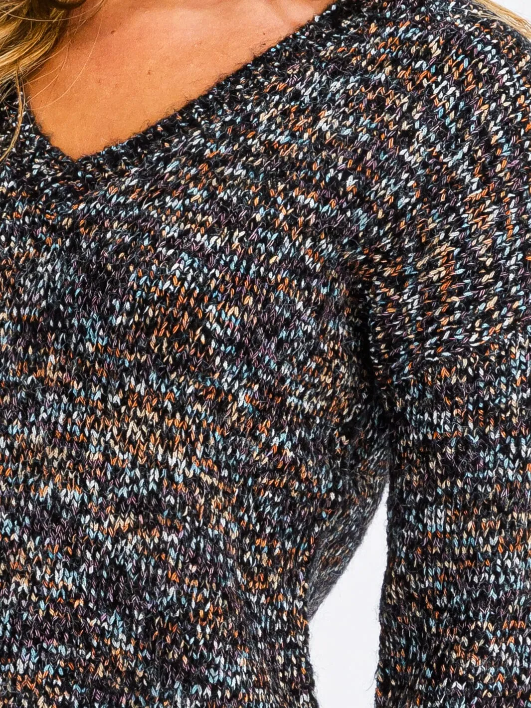 WOMEN'S LONG PUFF SLEEVE MULTI COLOR PULLOVER SWEATER