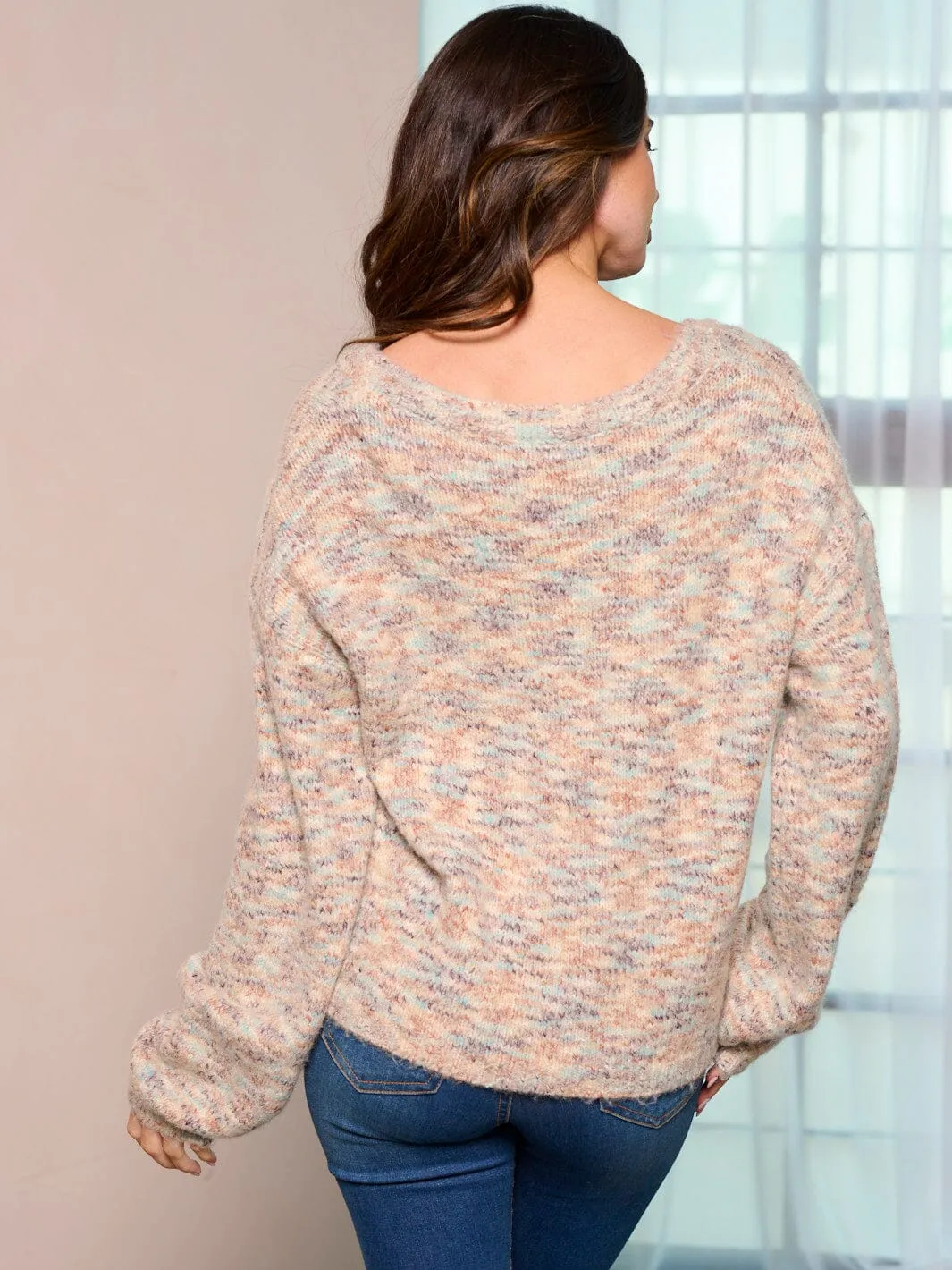 WOMEN'S LONG PUFF SLEEVE MULTI COLOR PULLOVER SWEATER