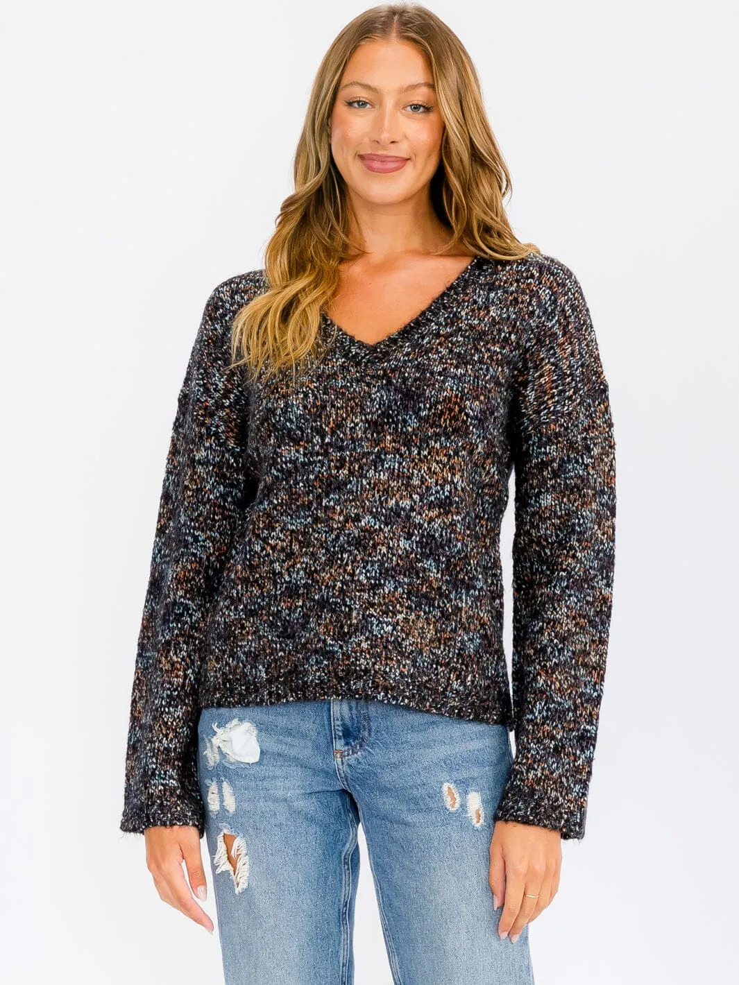 WOMEN'S LONG PUFF SLEEVE MULTI COLOR PULLOVER SWEATER