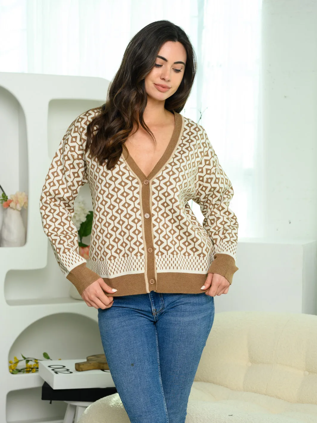 WOMEN'S LONG SLEEVE BUTTON UP COLOR BLOCK SWEATER
