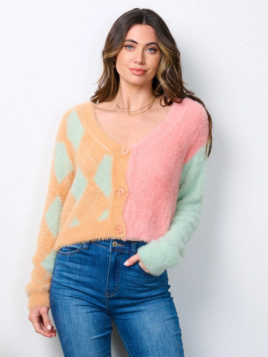 WOMEN'S LONG SLEEVE BUTTON UP COLORBLOCK FUZZY SWEATER CARDIGAN