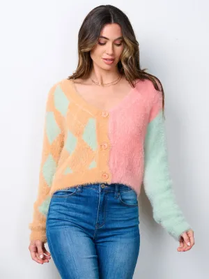 WOMEN'S LONG SLEEVE BUTTON UP COLORBLOCK FUZZY SWEATER CARDIGAN